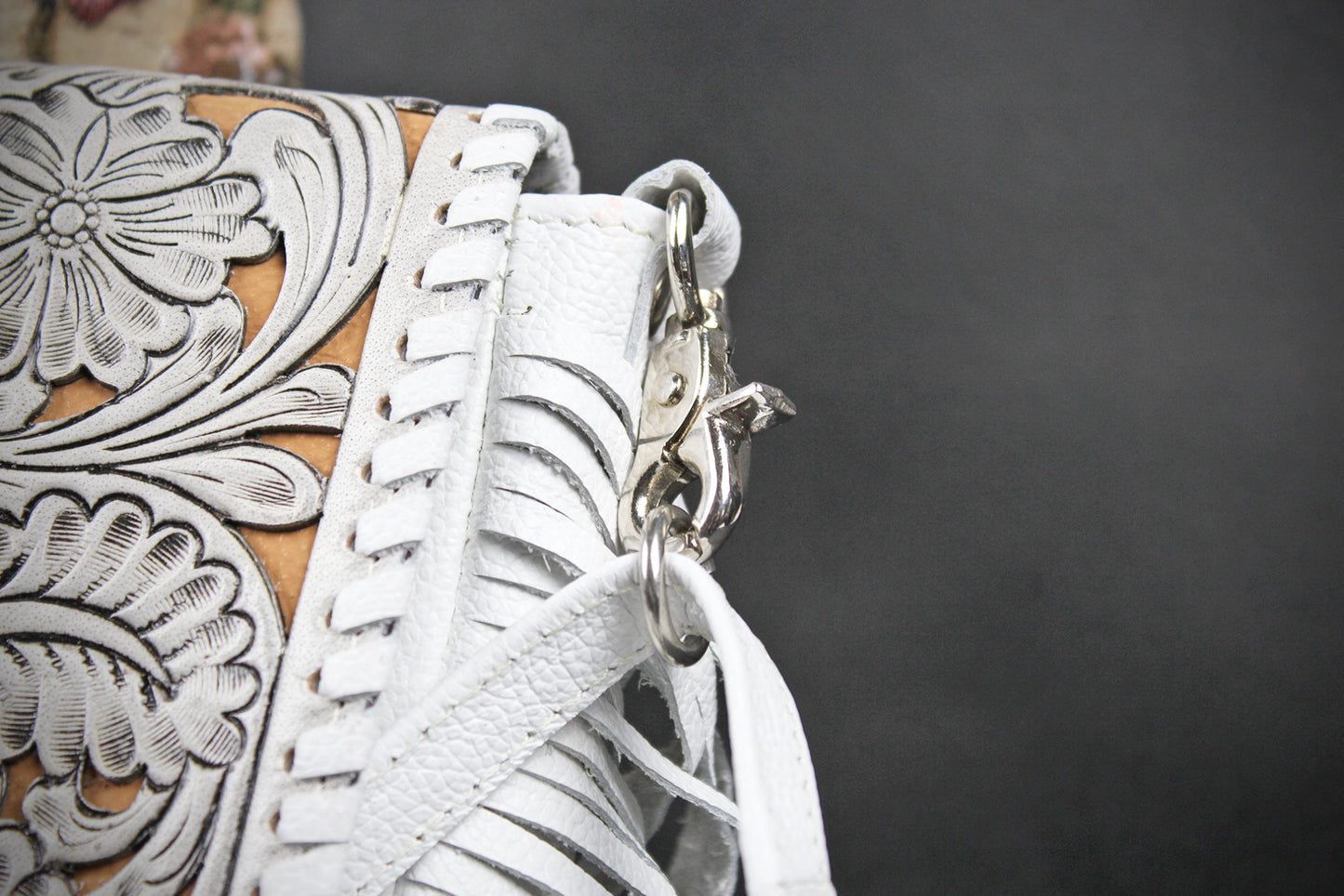 The Dixie White Leather Shoulder Bag : Hand Tooled, Flower Design