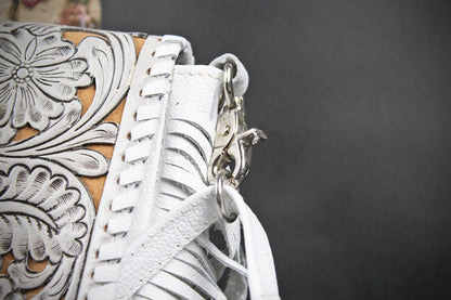 The Dixie White Leather Shoulder Bag : Hand Tooled, Flower Design