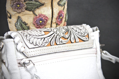 The Dixie White Leather Shoulder Bag : Hand Tooled, Flower Design