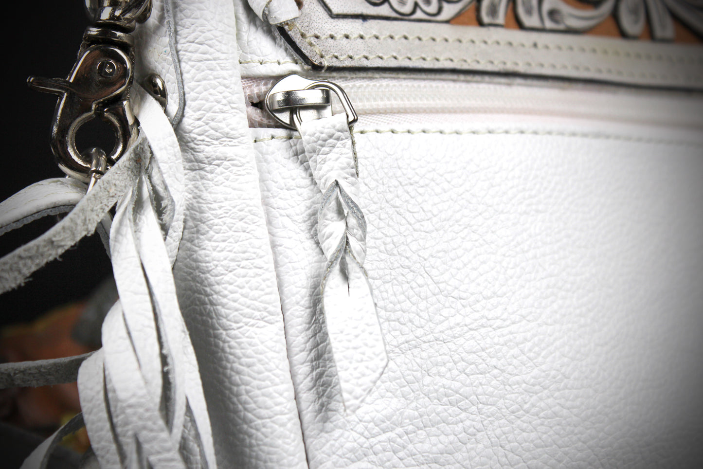 The Dixie White Leather Shoulder Bag : Hand Tooled, Flower Design