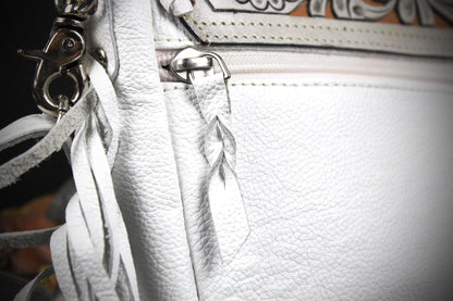 The Dixie White Leather Shoulder Bag : Hand Tooled, Flower Design
