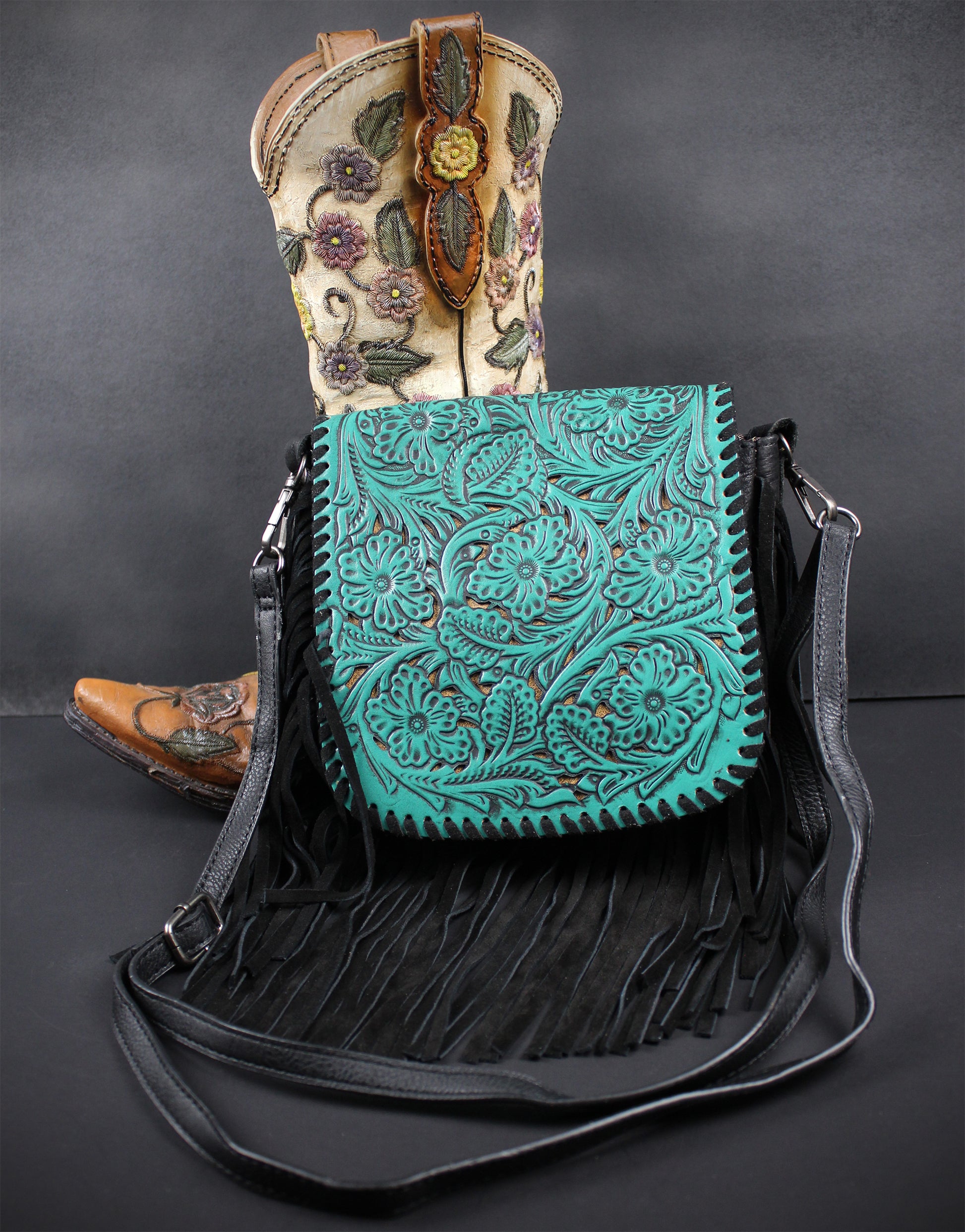 The Dixie Turquoise Leather Shoulder Bag : Hand Tooled, Flower Design