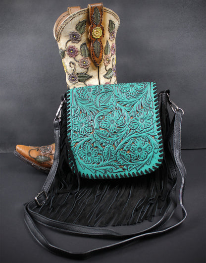 The Dixie Turquoise Leather Shoulder Bag : Hand Tooled, Flower Design