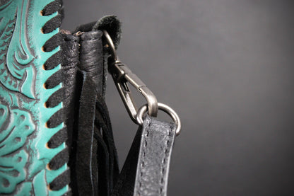 The Dixie Turquoise Leather Shoulder Bag : Hand Tooled, Flower Design