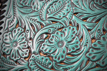 The Dixie Turquoise Leather Shoulder Bag : Hand Tooled, Flower Design