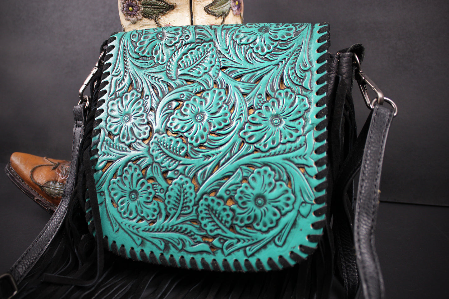 The Dixie Turquoise Leather Shoulder Bag : Hand Tooled, Flower Design