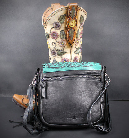 The Dixie Turquoise Leather Shoulder Bag : Hand Tooled, Flower Design