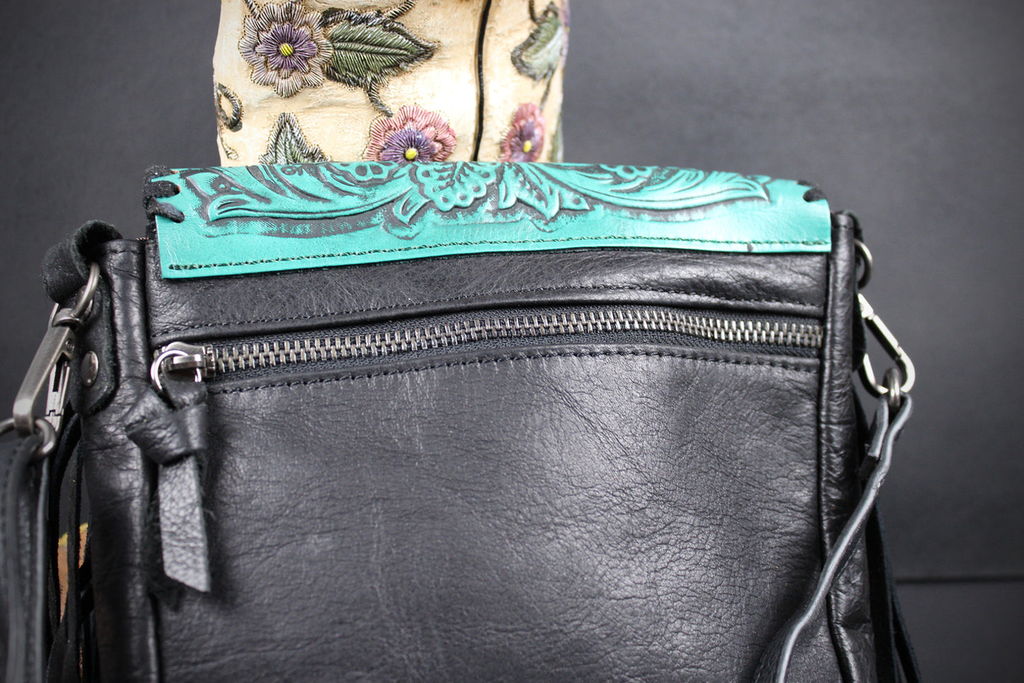 The Dixie Turquoise Leather Shoulder Bag : Hand Tooled, Flower Design