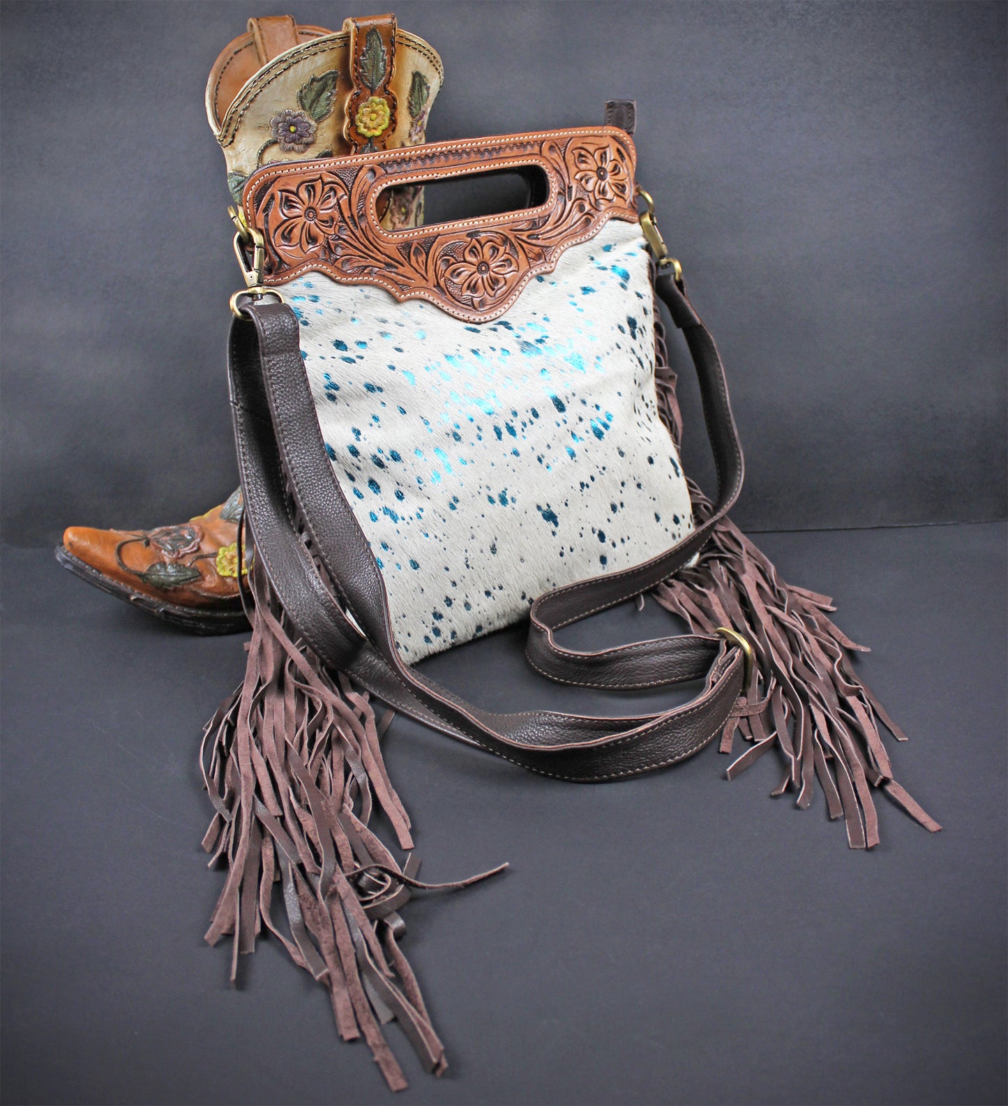 The Buffalo Girl Brown Leather Shoulder Bag : Acid Wash Cowhide with turquoise