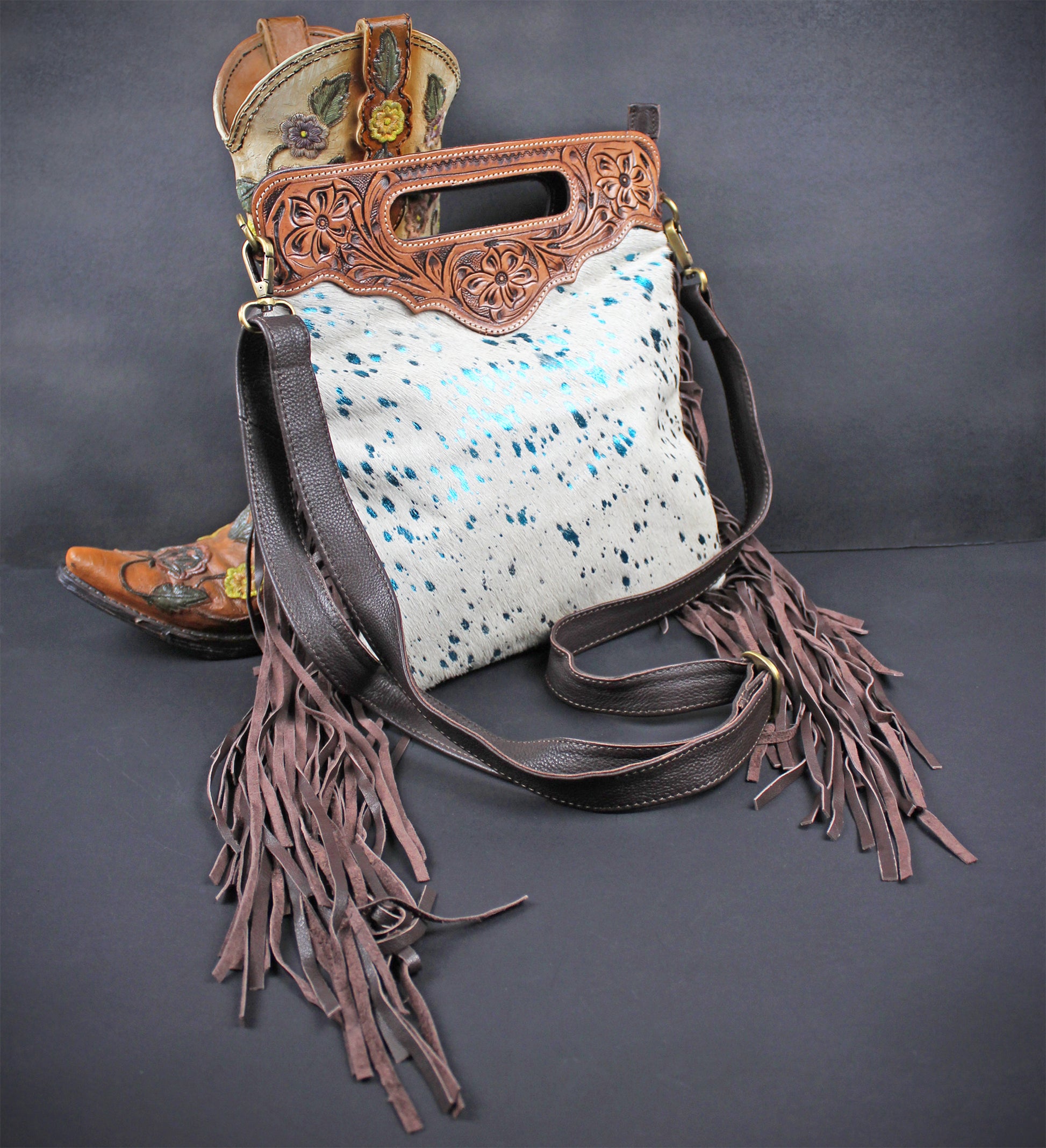 The Buffalo Girl Brown Leather Shoulder Bag : Acid Wash Cowhide with turquoise