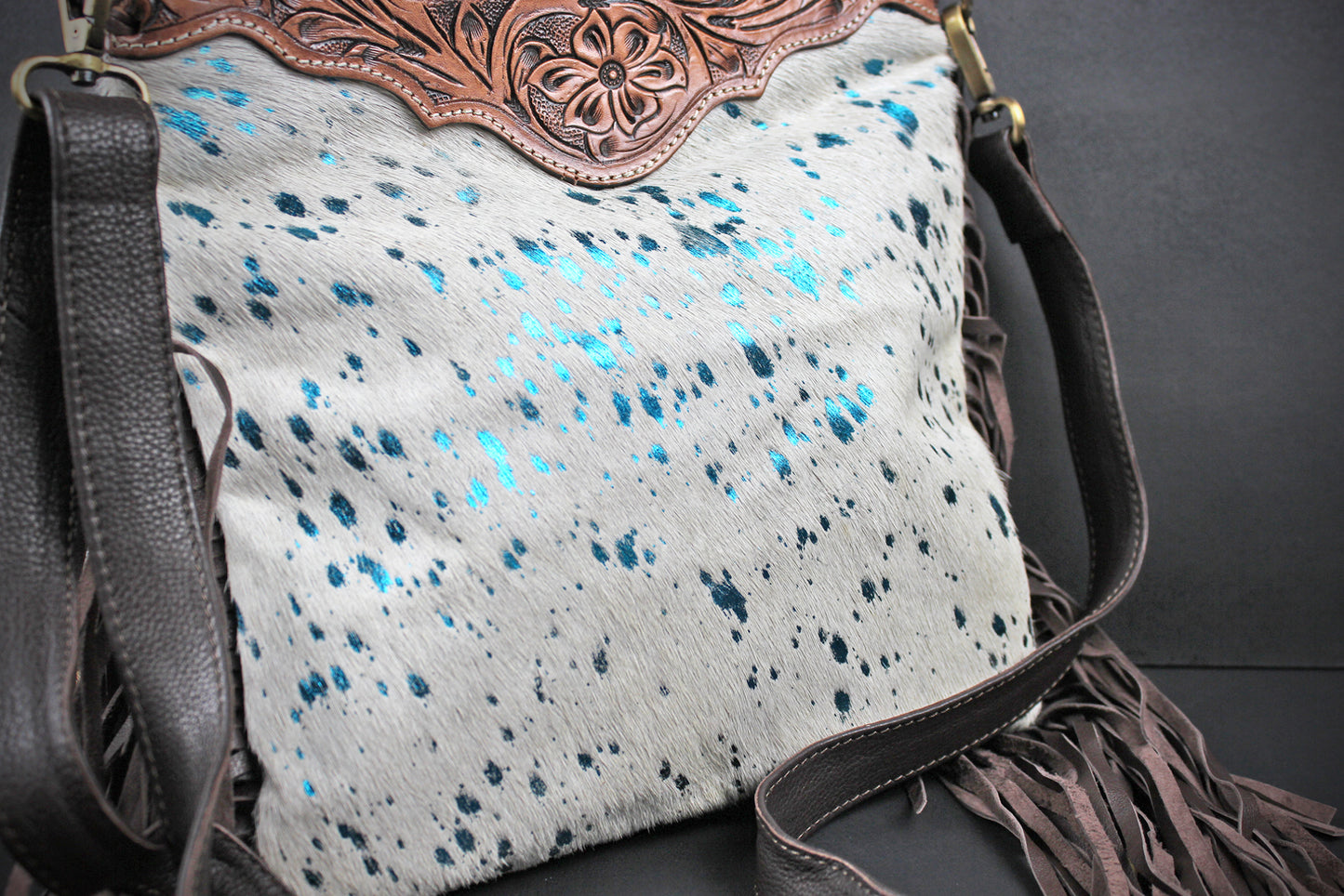 The Buffalo Girl Brown Leather Shoulder Bag : Acid Wash Cowhide with turquoise