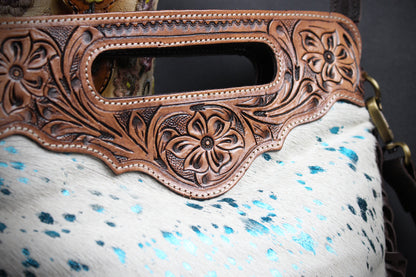 The Buffalo Girl Brown Leather Shoulder Bag : Acid Wash Cowhide with turquoise