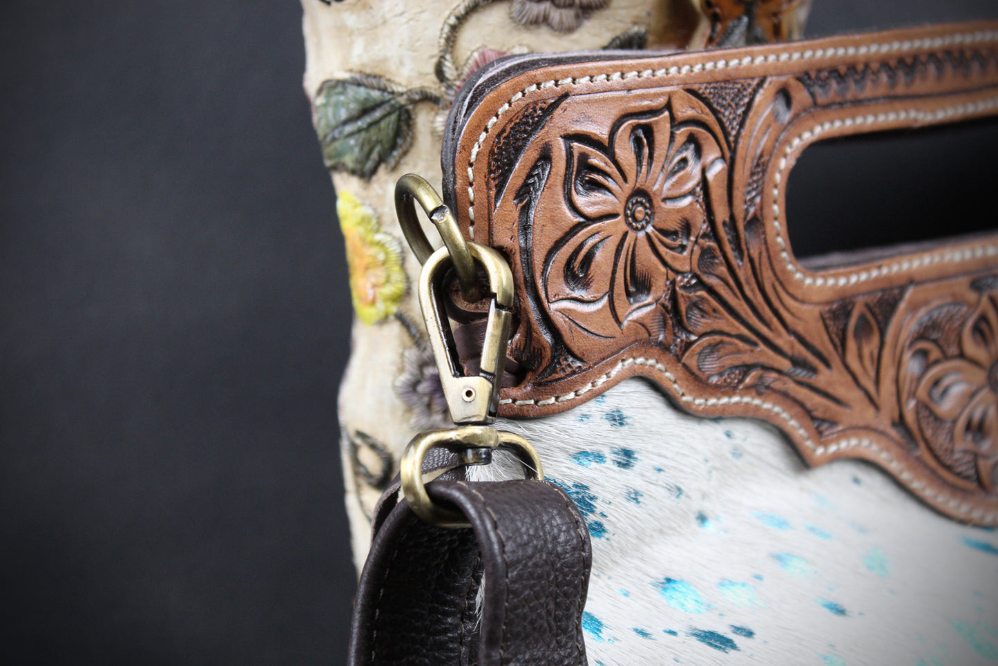 The Buffalo Girl Brown Leather Shoulder Bag : Acid Wash Cowhide with turquoise