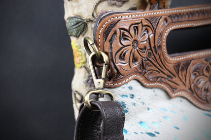 The Buffalo Girl Brown Leather Shoulder Bag : Acid Wash Cowhide with turquoise