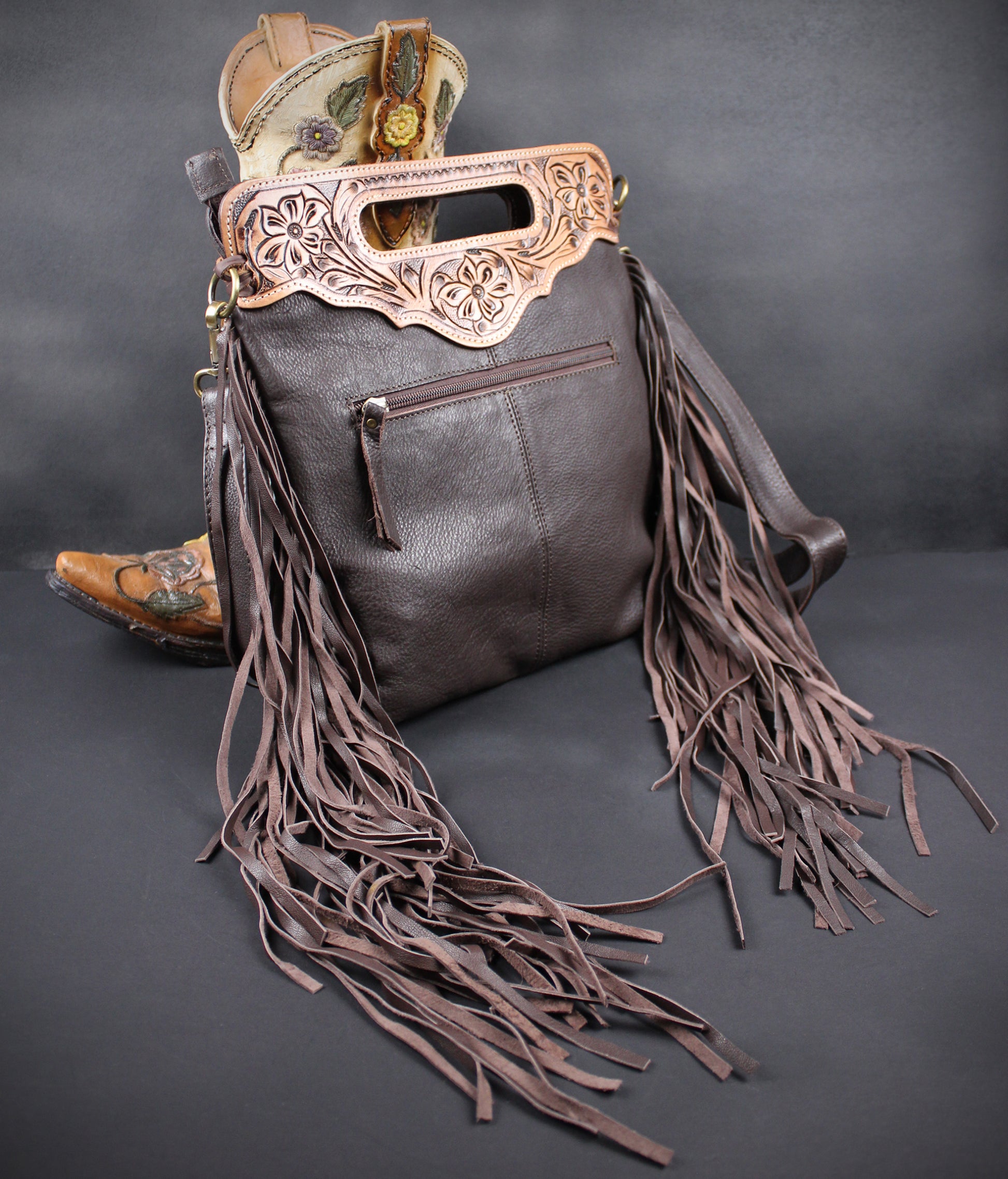 The Buffalo Girl Brown Leather Shoulder Bag : Acid Wash Cowhide with turquoise