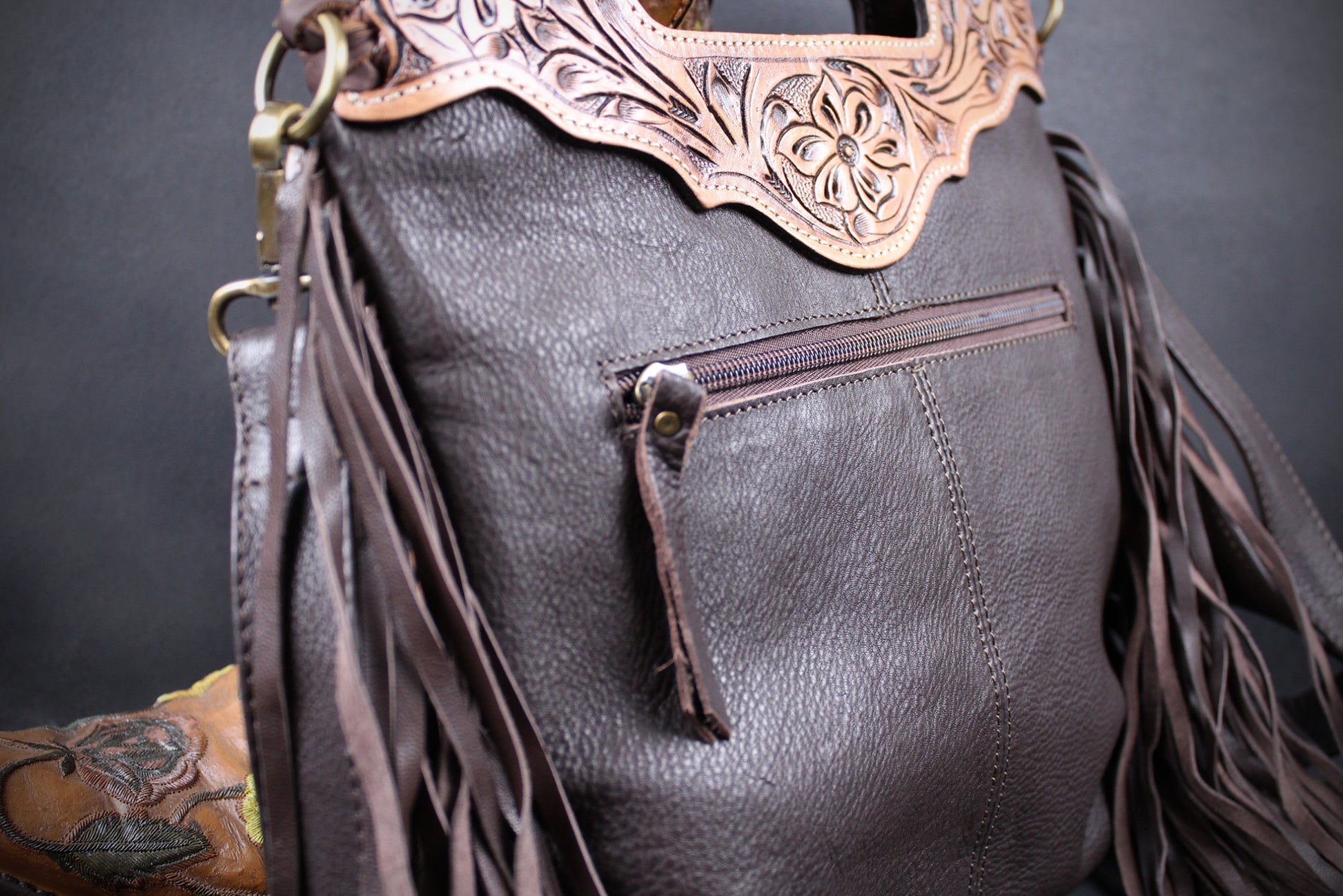 The Buffalo Girl Brown Leather Shoulder Bag : Acid Wash Cowhide with turquoise