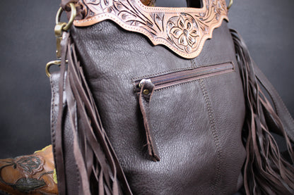 The Buffalo Girl Brown Leather Shoulder Bag : Acid Wash Cowhide with turquoise