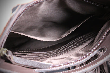 The Buffalo Girl Brown Leather Shoulder Bag : Acid Wash Cowhide with turquoise