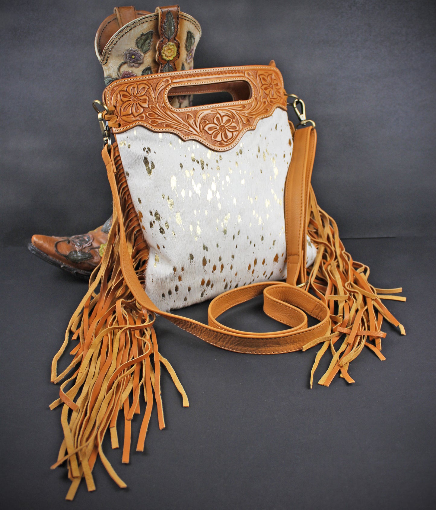The Gold Girl Brown Leather Shoulder Bag : Cowhide with Fringe