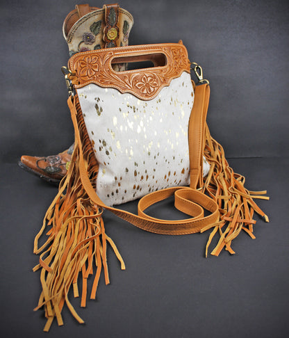 The Gold Girl Brown Leather Shoulder Bag : Cowhide with Fringe