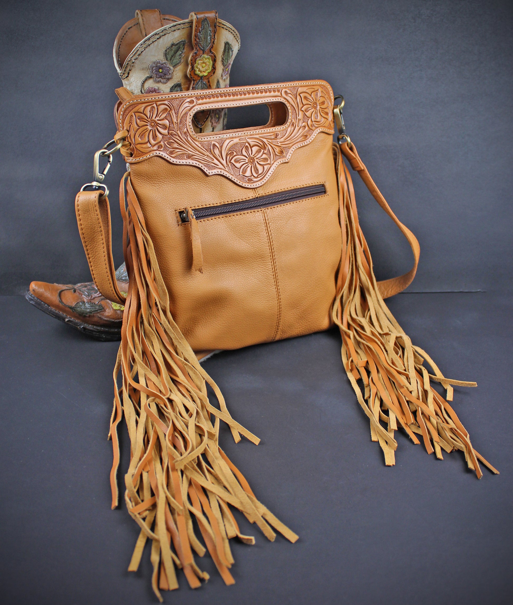 The Gold Girl Brown Leather Shoulder Bag : Cowhide with Fringe