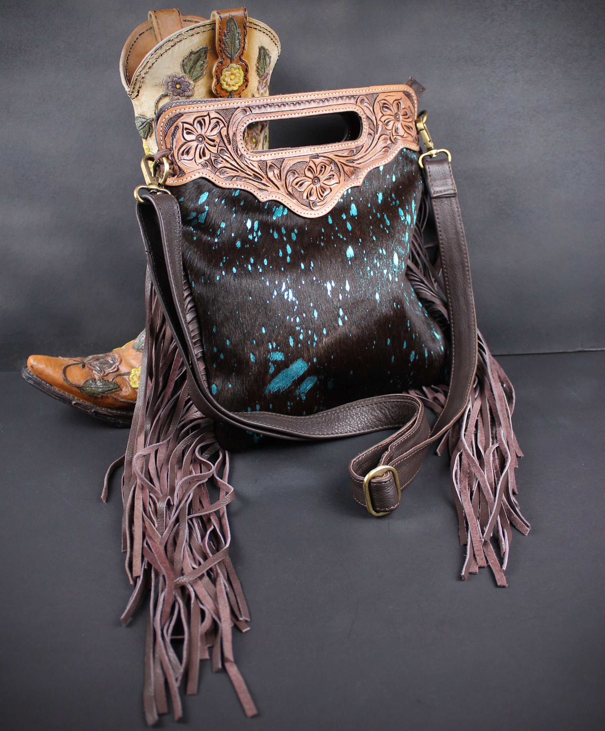 The Cosmic Cowgirl Leather Shoulder Bag : Cowhide with Fringe