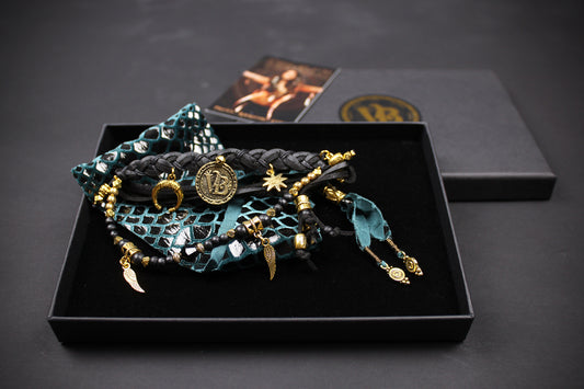 The Emerald Heart Bracelet Set : Green Python Print Charm Fabric Wrist Wrap Cuff Set