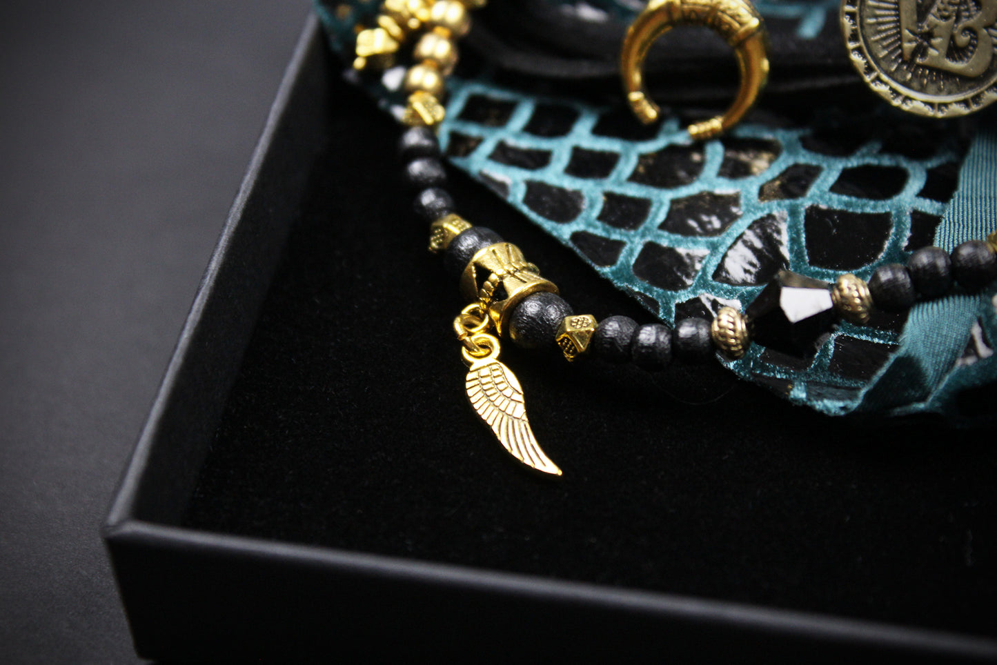 The Emerald Heart Bracelet Set : Green Python Print Charm Fabric Wrist Wrap Cuff Set