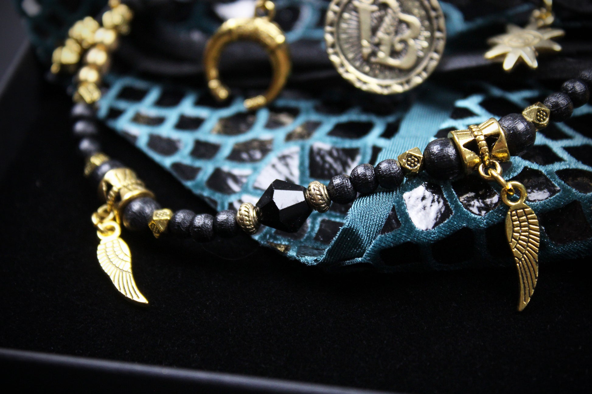 The Emerald Heart Bracelet Set : Green Python Print Charm Fabric Wrist Wrap Cuff Set