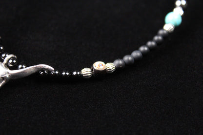 The Buffalo Smoke Necklace : Unisex Beaded Necklace Detailed with hematite, howlite, matte agate, lava stone, black onyx and silver beading, all of this leading to a very cool ram's head pendant.