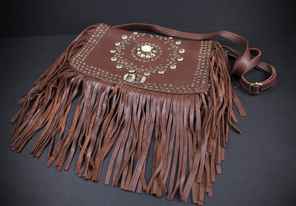 The Clover Bag - Brown Edition, goat leather, tassel fringe bag, intricate detailing inside and outside pockets
