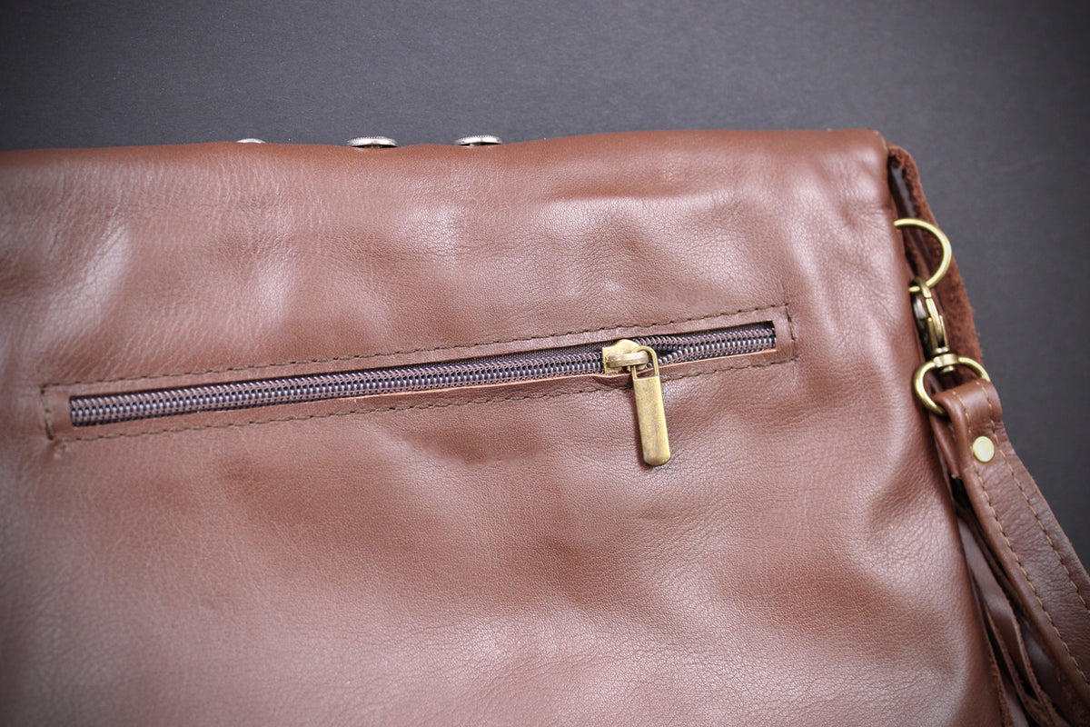 The Clover Bag - Brown Edition, goat leather, tassel fringe bag, intricate detailing inside and outside pockets