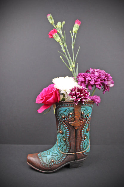 Turquoise Cowboy Boot Vase: Western Style Resin Decor Medium Sized Vase