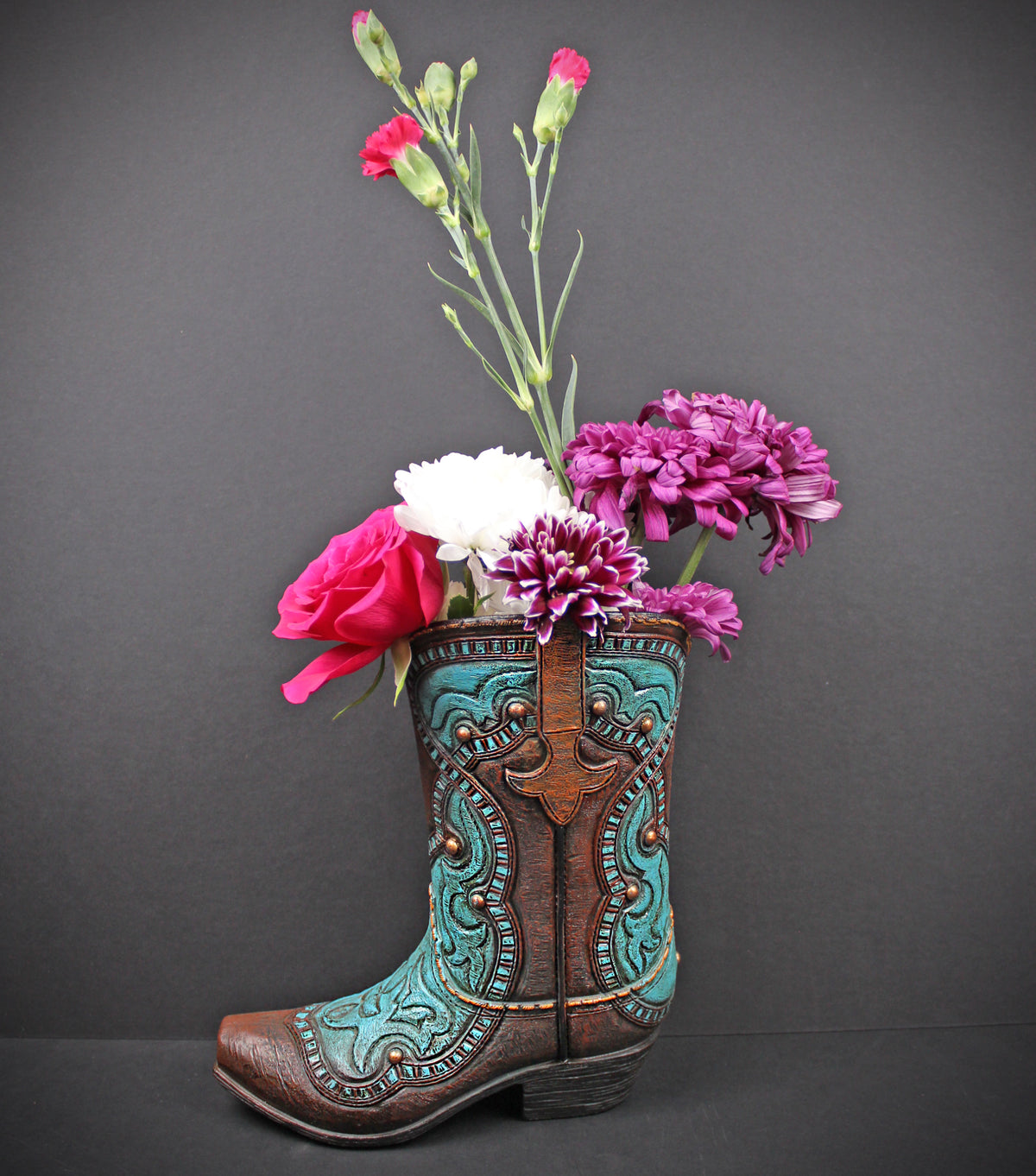 Turquoise Cowboy Boot Vase: Western Style Resin Decor Medium Sized Vase