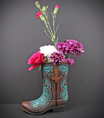 Turquoise Cowboy Boot Vase: Western Style Resin Decor Medium Sized Vase