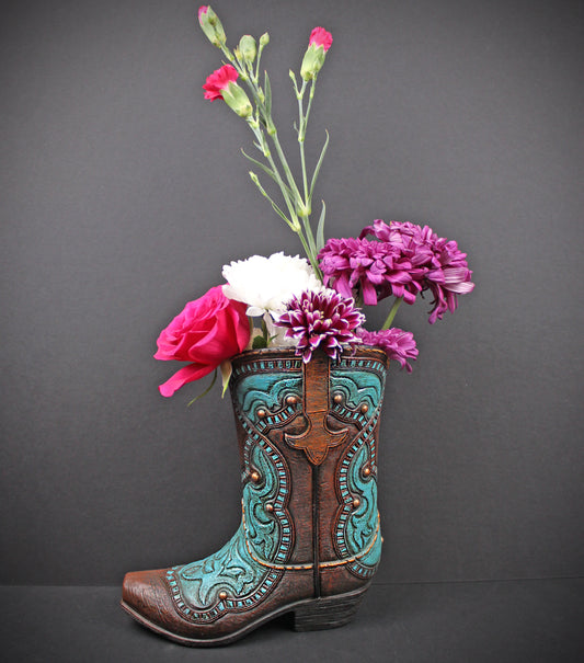 Turquoise Cowboy Boot Vase: Western Style Resin Decor Medium Sized Vase
