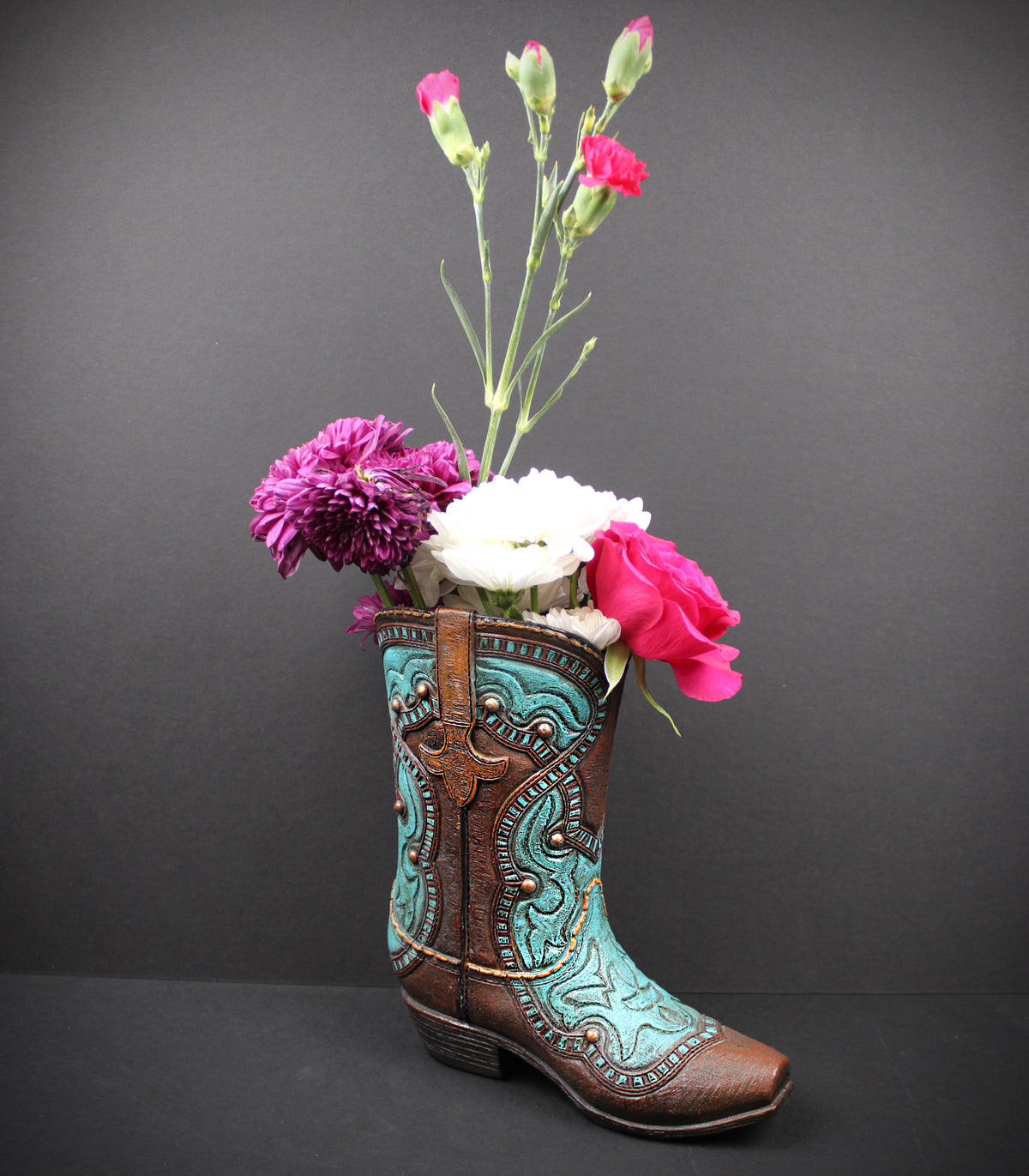 Turquoise Cowboy Boot Vase: Western Style Resin Decor Medium Sized Vase