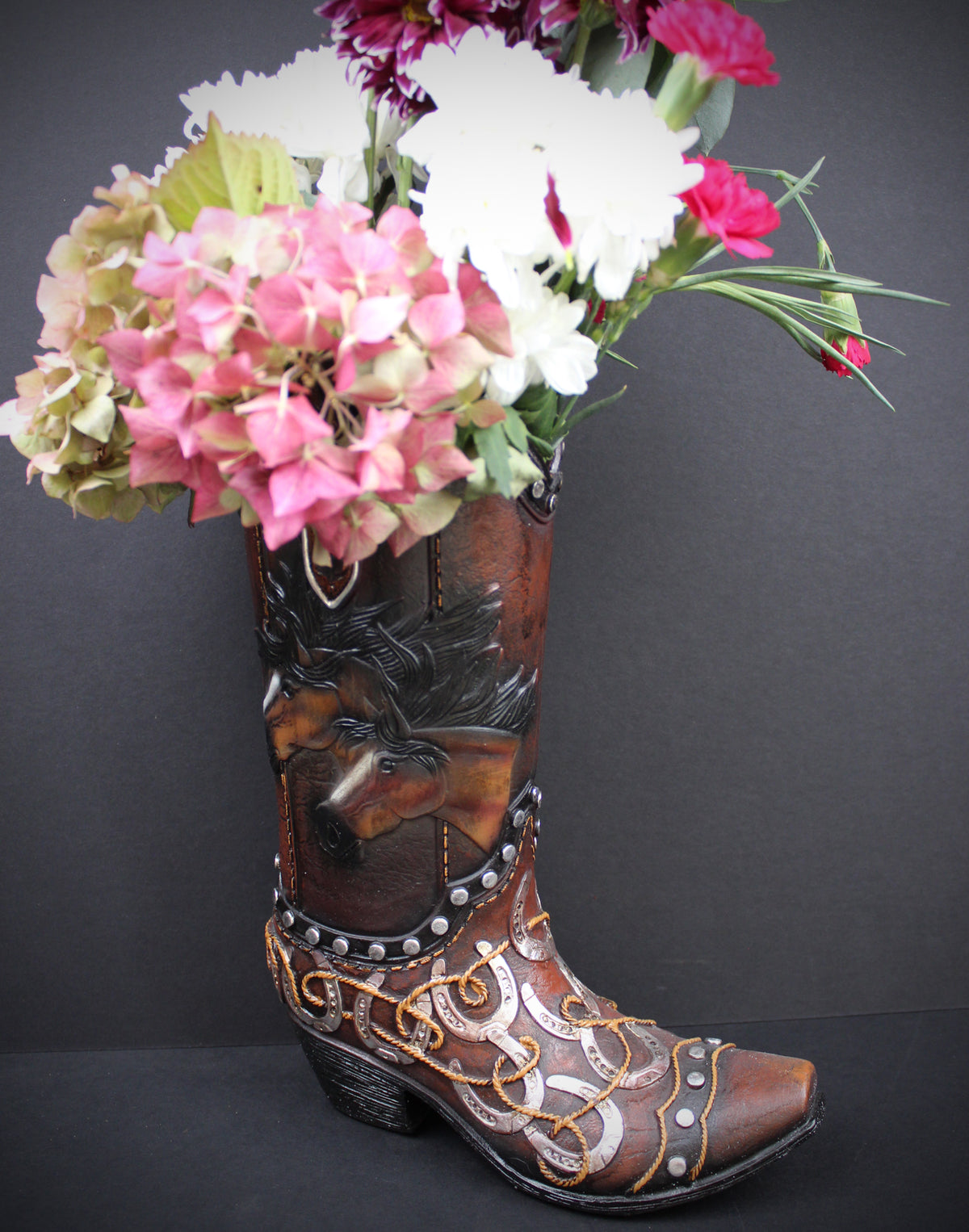 Large Cowboy Boot Vase : With Horses & Horseshoe Detailing