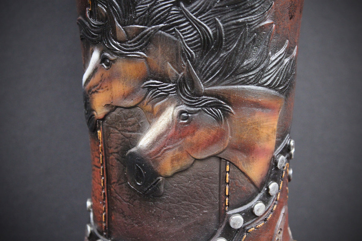 Large Cowboy Boot Vase : With Horses & Horseshoe Detailing