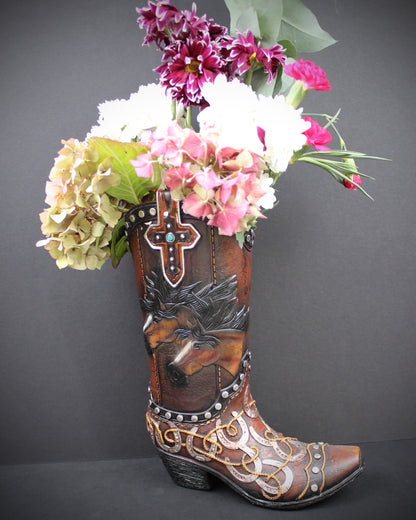 Large Cowboy Boot Vase : With Horses & Horseshoe Detailing