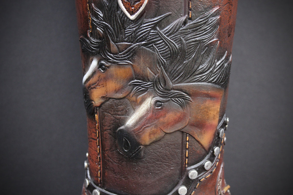 Large Cowboy Boot Vase : With Horses & Horseshoe Detailing