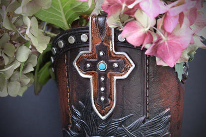 Large Cowboy Boot Vase : With Horses & Horseshoe Detailing
