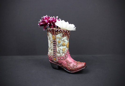 Small Cowboy Boot Vase  pink & turquoise cowboy boot vase, western style flower arrangement vase, realistic boot vase