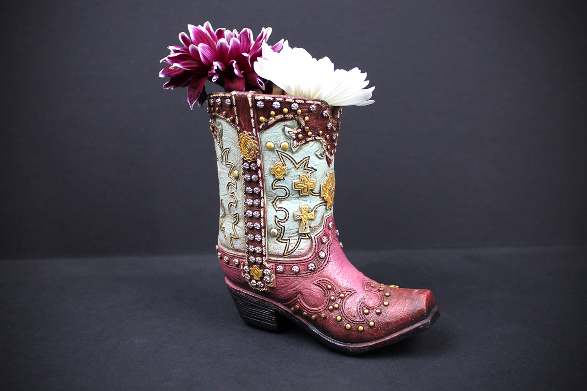 Small Cowboy Boot Vase  pink & turquoise cowboy boot vase, western style flower arrangement vase, realistic boot vase