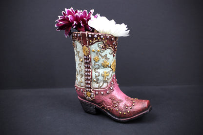 Small Cowboy Boot Vase  pink & turquoise cowboy boot vase, western style flower arrangement vase, realistic boot vase