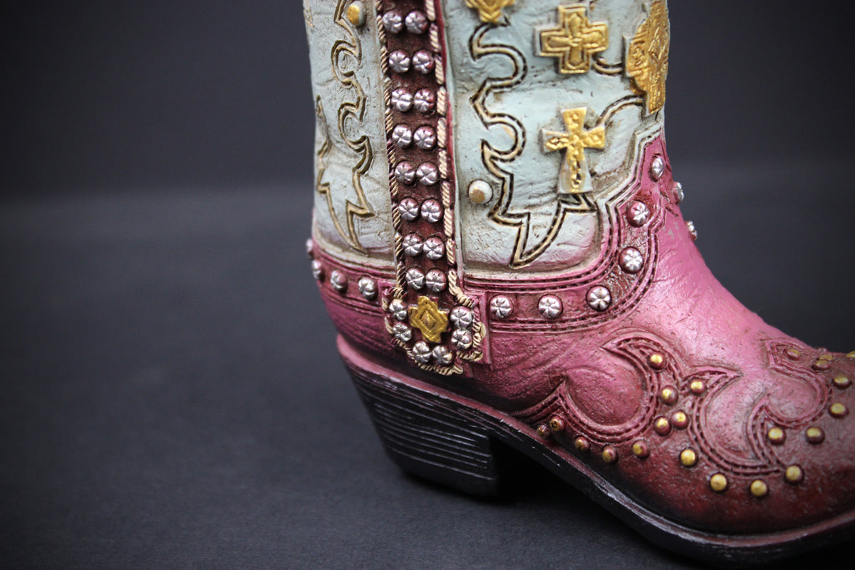 Small Cowboy Boot Vase  pink & turquoise cowboy boot vase, western style flower arrangement vase, realistic boot vase