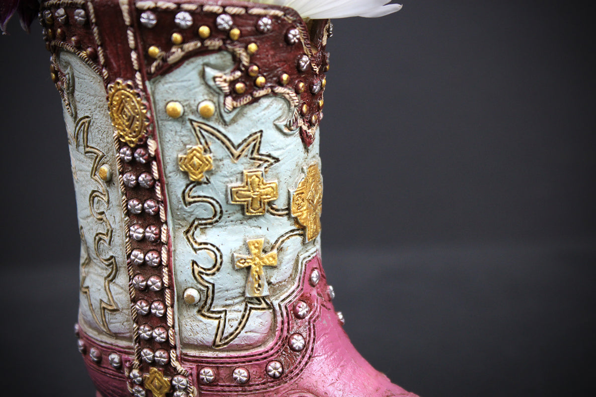 Small Cowboy Boot Vase  pink & turquoise cowboy boot vase, western style flower arrangement vase, realistic boot vase