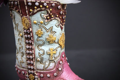 Small Cowboy Boot Vase  pink & turquoise cowboy boot vase, western style flower arrangement vase, realistic boot vase