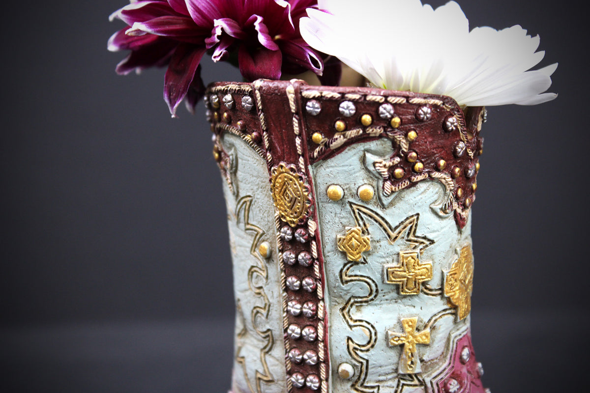 Small Cowboy Boot Vase  pink & turquoise cowboy boot vase, western style flower arrangement vase, realistic boot vase