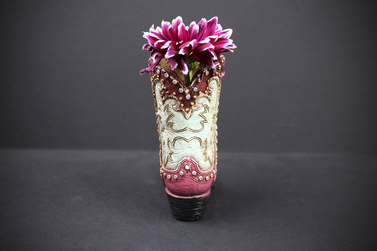 Small Cowboy Boot Vase  pink & turquoise cowboy boot vase, western style flower arrangement vase, realistic boot vase